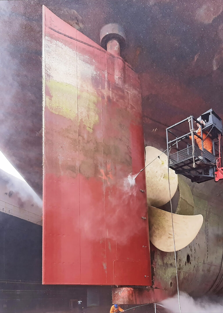 MT Aliakmon’s rudder in drydock in 2020, still in excellent condition 7 years after the initial application with no repaint.